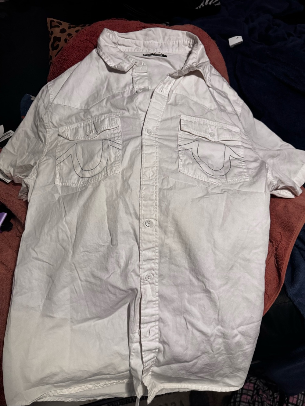 True Religion White Short Sleeve Button-Down Pocket Shirt